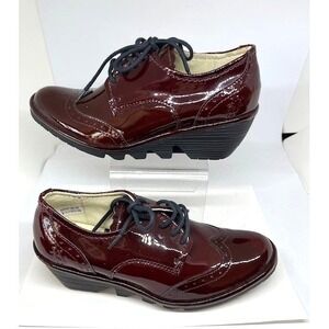 FLY London Leather Wedge Lace-up Shoes Palt Burgundy  Patent NEW Size 36